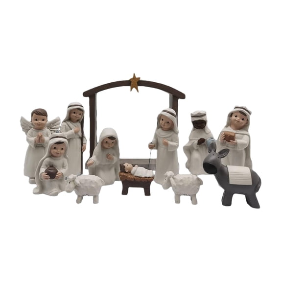 Nativity Scene Set 12 Piece Hand Painted Resin Figurines, Classic Cream Holy Family Collection with Baby Jesus Mary Joseph, Religious Christmas Decor for Home Display White 5x4.9 Inch