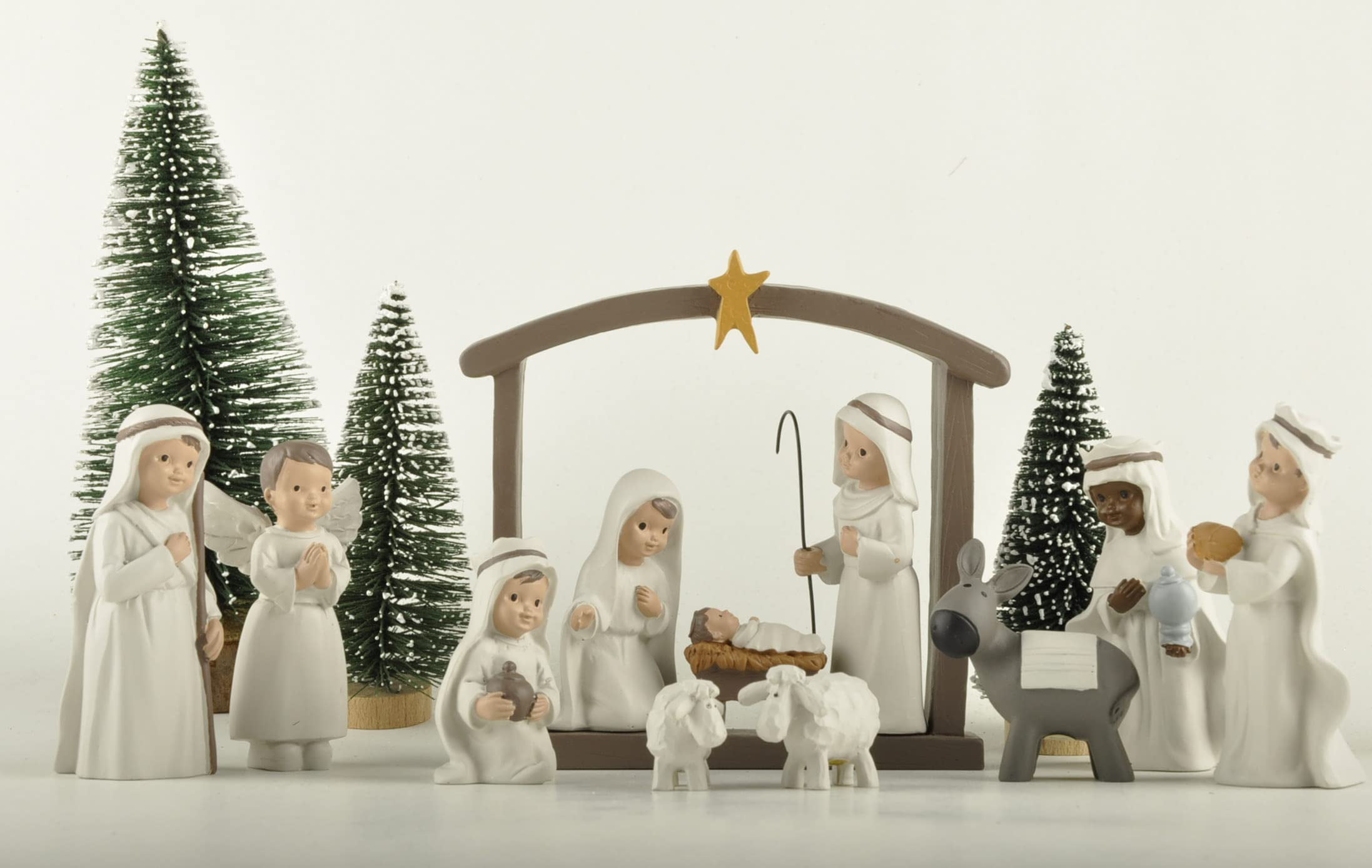 Hand-Painted White Resin 12-Piece Nativity Scene Set