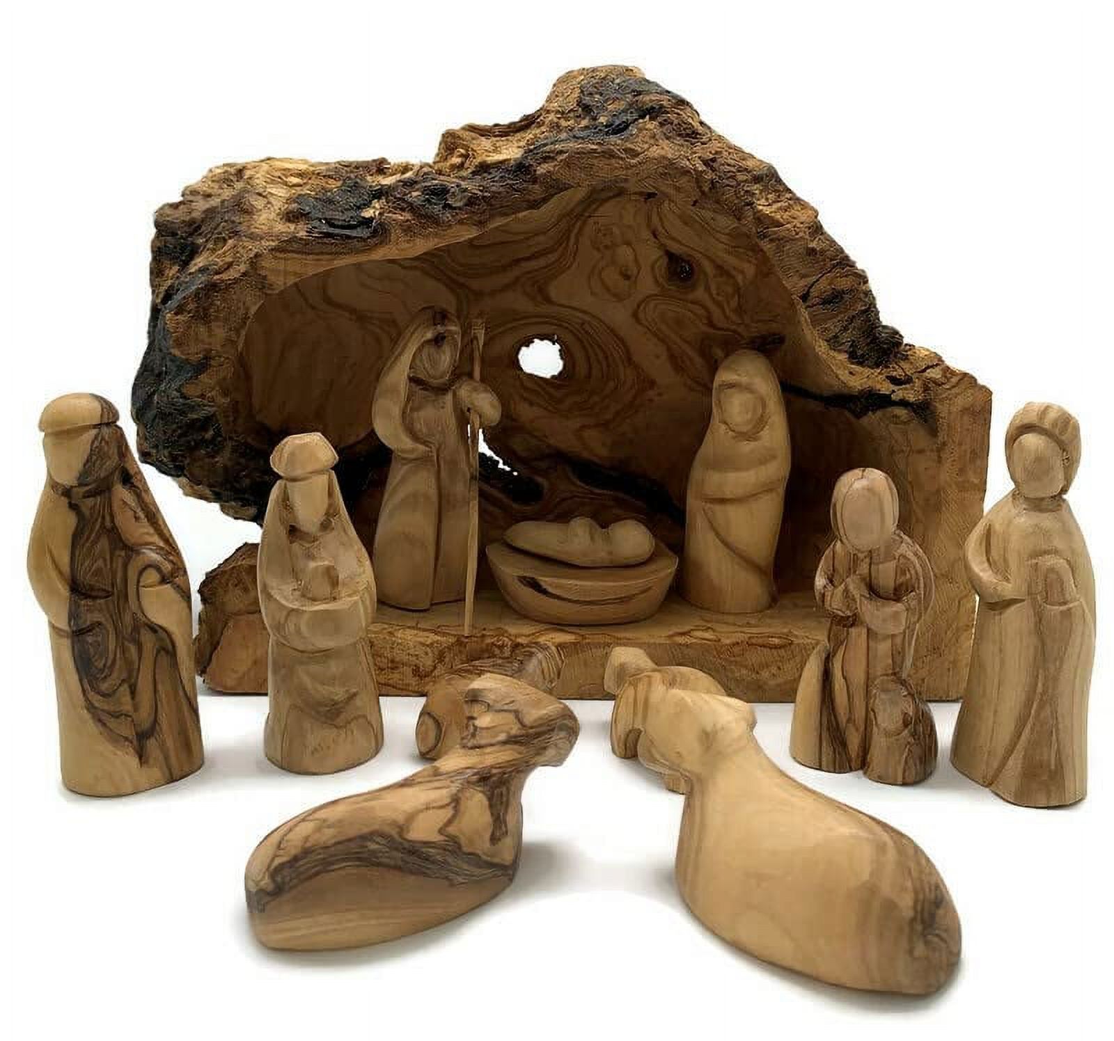 Nativity Scene Set Carved Inside Olive Tree Branch Wooden Manger Scene 