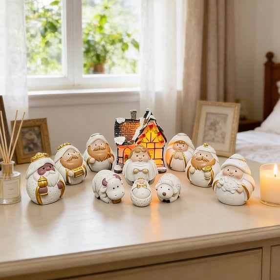 Nativity Scene Set Resin Easter Nativity Scene with LED Light House Mini Holy Family Figurines Minimalism Boho Tabletop Easter Manger Decorations for Indoor Home Mantel Display