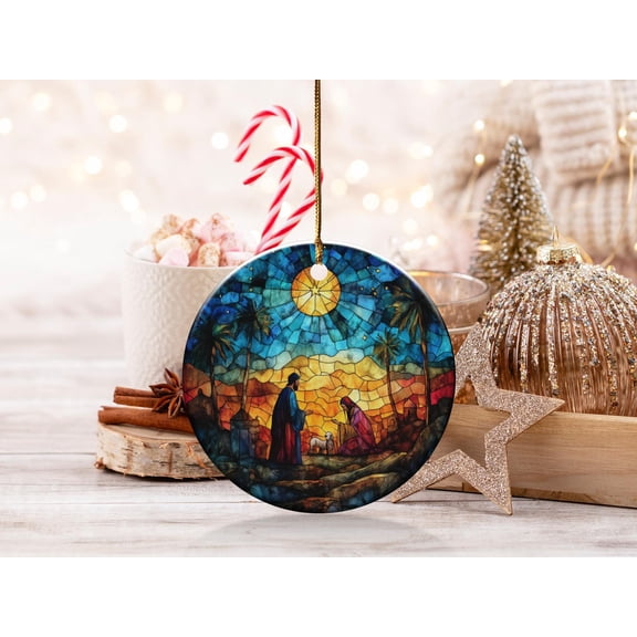Nativity Scene Stained Glass Style Ornament Religious Christmas Ornament Holiday Decoration Christian Gift Ornament Keepsake 2D FLAT Ceramic Ornament