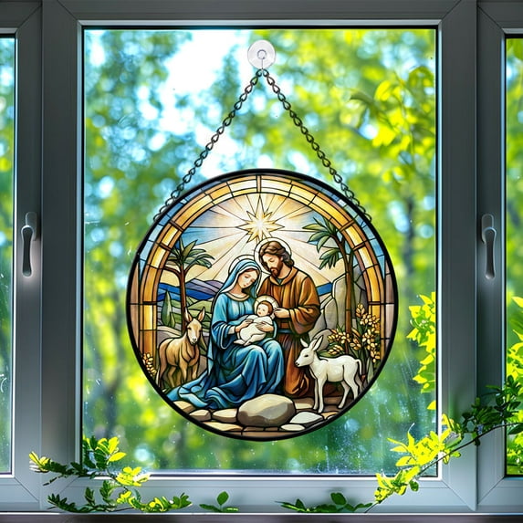 Nativity Scene Stained Glass Suncatcher, Nativity Scene Glass Suncatchers for Windows For Merry Christmas