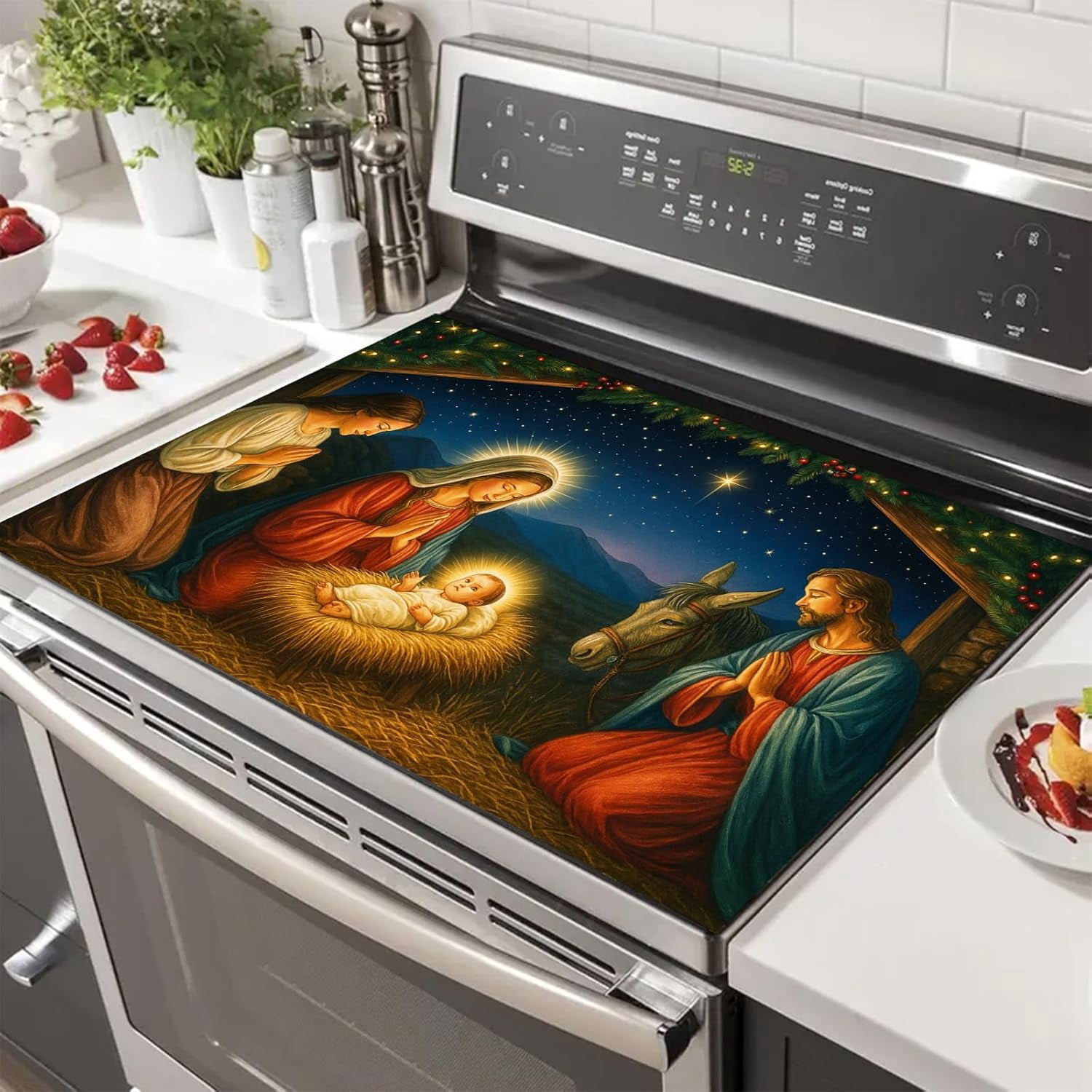 Nativity Scene Stove Top Cover 28x20 Inch Glass Top Protector Christmas Religious Kitchen Counter Mat Heat Resistant Silicone Cooktop Cover Holiday Decoration