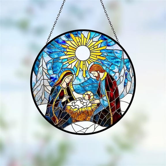 Nativity Scene Suncatcher - Religious Stained Glass Window Hanging - Christmas Holy Family Holiday Decor