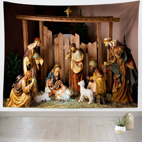 Nativity Scene Tapestry Christmas Holy Night Manger Scene Tapestry Wall Hanging Christian Religious Merry Xmas Party Decor for Church Bedroom Living Room Dorm Home Decor