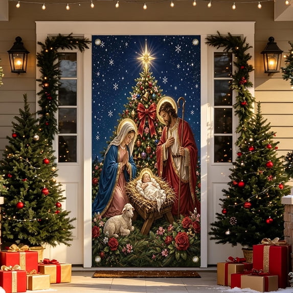 Nativity Scene Theme Christmas Door Cover 71x35 In, Privacy Door Window Curtains Holiday Door Banners for Front Door, Hanging Porch Banner Sign Photo Background for Indoor Outdoor Party Decoration