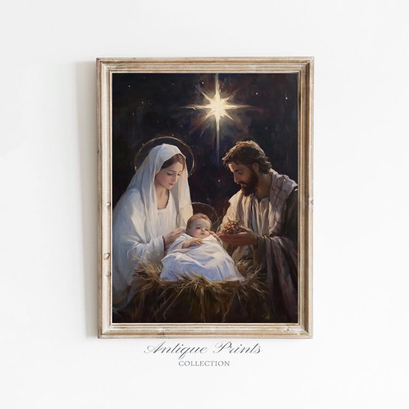 Nativity Scene Wall Art Christian Winter Holy Family Jesus Art Decor Style Three, Unframed Paper Print