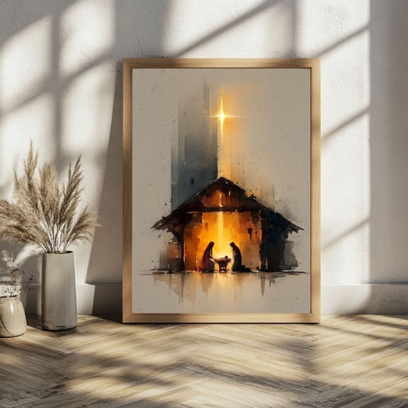 Nativity Scene Wall Art, Christmas Nativity Print, Christian Poster, Birth of Jesus Painting, Watercolor Nativity, Holy Family Print, 24x36 UNFRAMED