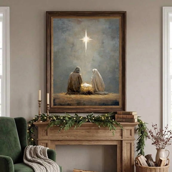 Nativity Scene Wall Art, Holy Family Birth of Jesus Oil Painting Print, Star of Bethlehem Christmas Religious Canvas, Vintage Christian Christmas Wall Decor for Home
