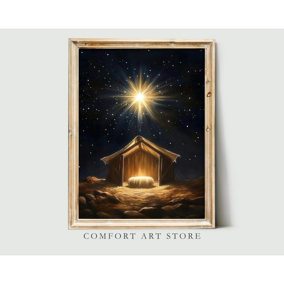 Nativity Scene Wall Art Holy Night Print Vintage Kristmas Manger Star Bethlehem Antique Kristmas Nativity Religious Christian Rustic Decor Warm Present Vintage UNFRAMED Poster Size 12x18