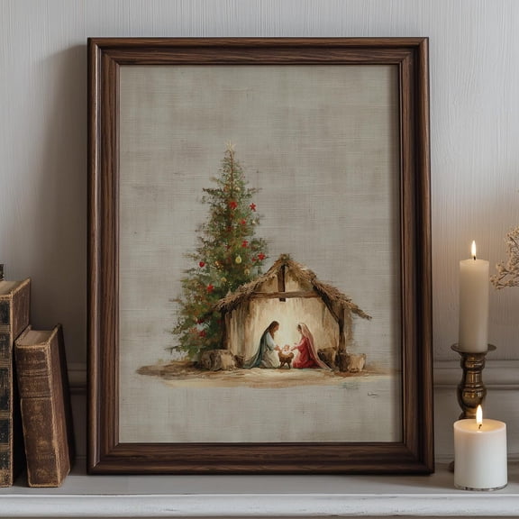 Nativity Scene Wall Art Print Holy Family Noel Artwork With Tree, Baby Jesus Manger Painting, Christian Festive Decor, Religious Art UNFRAMED PAPER POSTER, Home Decor, Vintage Gift