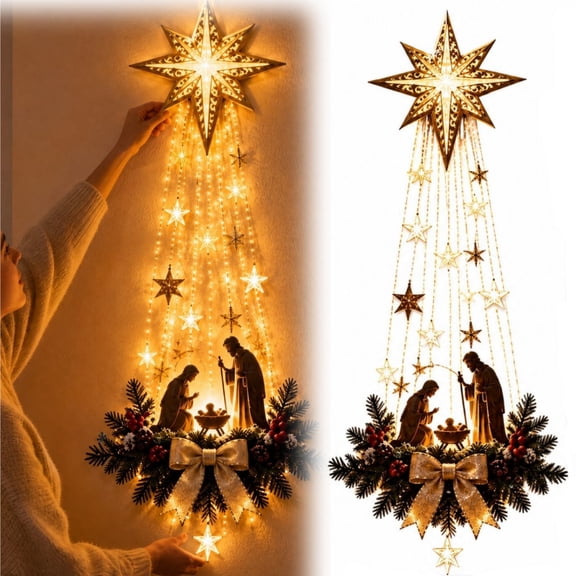 Nativity Scene Wall Lamp, 2D Acrylic Christmas Sconce with LED Star of Bethlehem, Pine Branches Red Berries Gold Bow, Indoor Holiday Decor