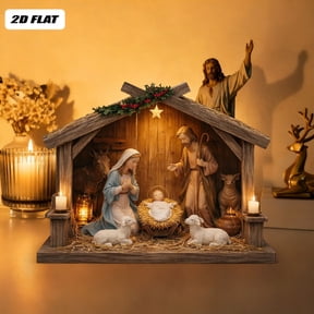 Nativity Scene Wooden Decor, Jesus Birth Manger Stable Sculpture for Christmas Home Church Decor