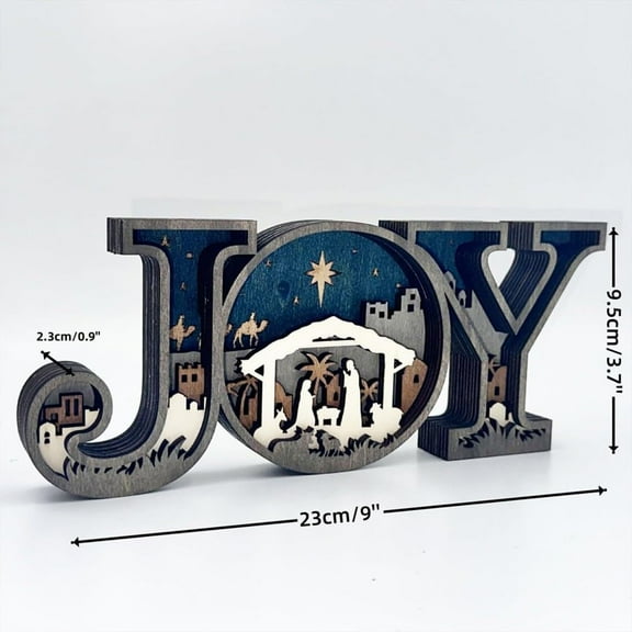 Nativity Scene Wooden Ornaments,3D Nativity Joy LED Letter Lights Sign,Tunning 3D Carved Wooden Joy Letter Ornament,Holiday Table Centerpieces for Mantle Bedroom Home Tabletop with Light