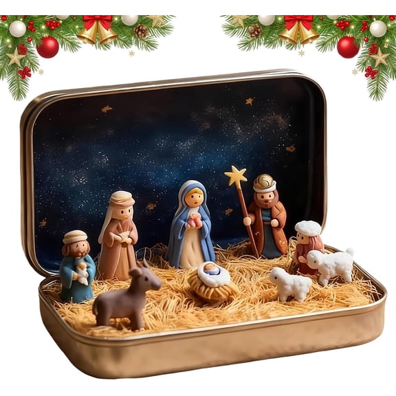 Nativity Scene in Starry Tin Box, Compact Christmas Manger Figurines with Hay