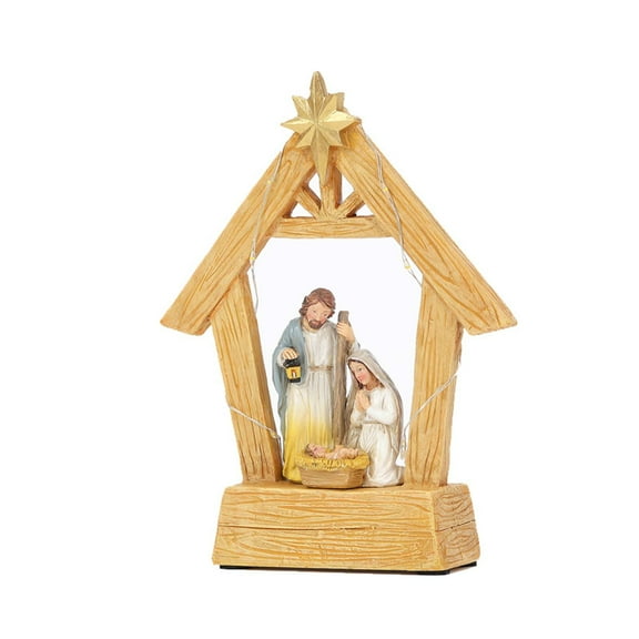 Nativity Scene with Lights, 5.7X7.4inch Hand Painted Resin Holy Family Statues, Nativity Scene Decorations for Indoor