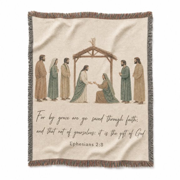 Nativity Scripture Beige and Sage Woven Throw Blanket, Woven Cotton with Fringed Edges, Rustic Christian Christmas Design