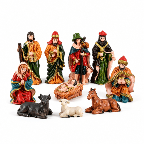 Nativity Set 10 Piece Christmas Nativity Scene Indoor Religious Decorations Hand-Painted Resin Miniature Figurines Holy Family for Home Mantel Shelf Tabletop Display 4 Inch
