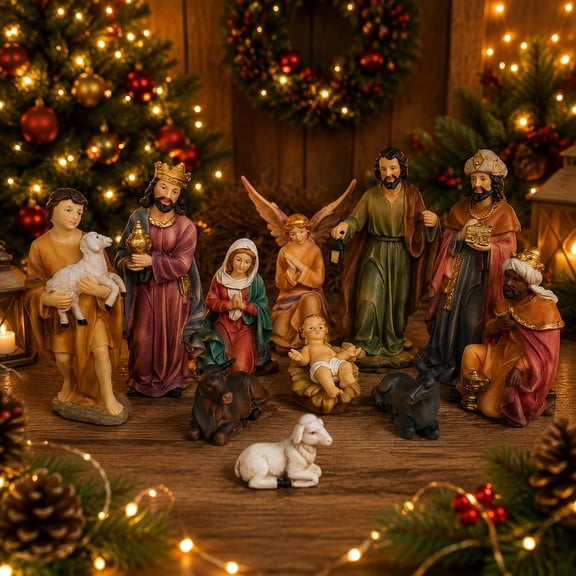 Nativity Set 11 Piece Christmas Nativity Scene Indoor Religious Decorations Hand-Painted Resin Miniature Figurines Holy Family for Home Mantel Shelf Tabletop Display 7 Inch