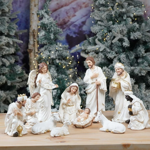 Nativity Set Christmas Indoor 12.5 inch 11 Pcs Scene Statue Figurines Jesus Manger Crib Gift Catholic Religious Decor