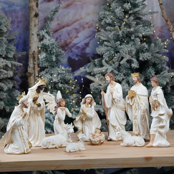 Nativity Set Christmas Indoor 8 inch 11 Pcs Scene Statue Figurines Jesus Manger Crib Gift Catholic Religious Decor