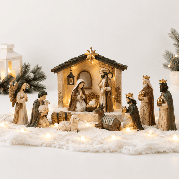 Nativity Set Indoor-14 Piece Scene With Lighted Manger