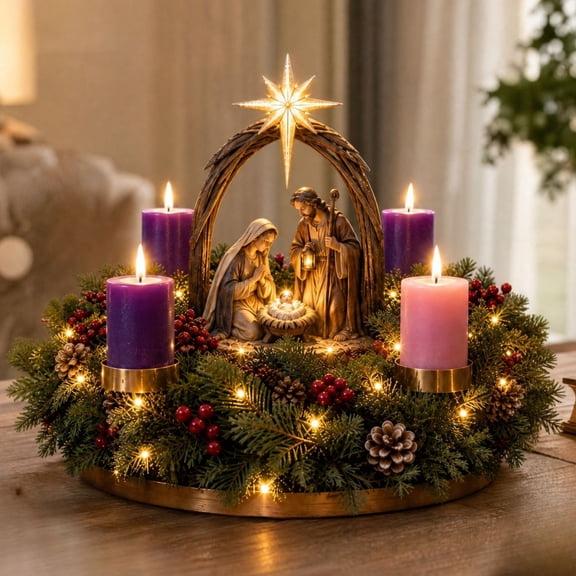 Nativity Set, Lighted Nativity Scene Advent Wreath with 4 Candle Holders, Christmas Holy Family Tabletop Figurine for Indoor Home Shelf Holiday Decor