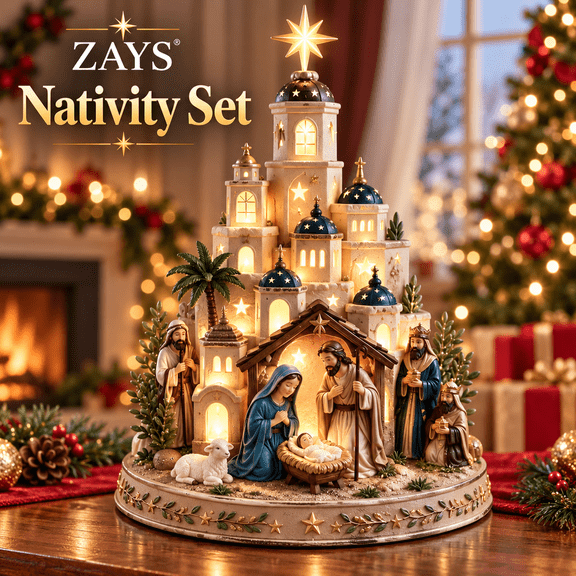 Nativity Set, Star of Bethlehem Lighted Nativity Scene with Church Tower, Manger Figures, Lighted Christmas Church Tabletop Decor
