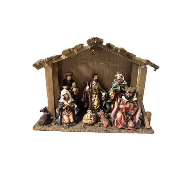Nativity Set Wooden Stable with Resin Figures 12 Inch