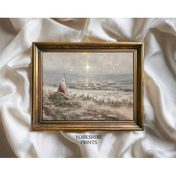 Nativity Shepherd With Star Of Bethlehem, Christian Winter Wall Art, Religious Print Home Decor #3518, 12x18 UNFRAMED