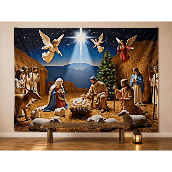 Nativity Shepherds Stars Christmas Backdrop