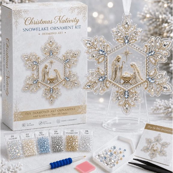 Nativity Snowflake Diamond Art Ornament Kit All‑Inclusive DIY Christmas Craft Set with Pearls AB Gems for Holiday Tree Decor Pet‑Lover Handmade Keepsake Present