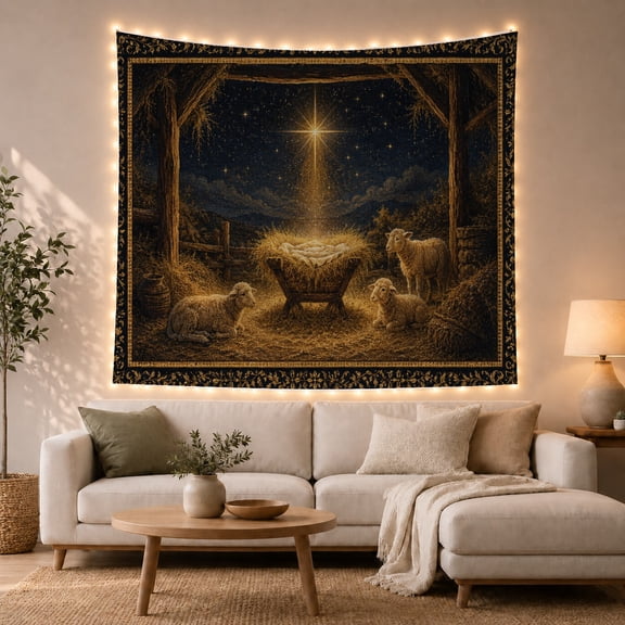 Nativity in a Stable under a Golden Star, Peaceful Vintage for Christian Decor Fans, Faith Wall Art, Christmas Gift, Tapestry Wall Hanging for Bedroom and Living Room