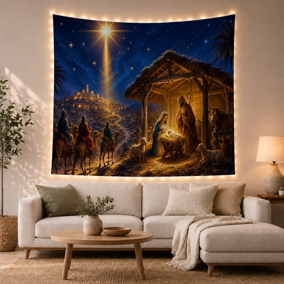 Nativity Stable With Magi and Camels Serene Illustration Style for Christmas Decor Lovers Christian Wall Decor Christmas Gift Tapestry Wall Hanging for Living Room and Entryway