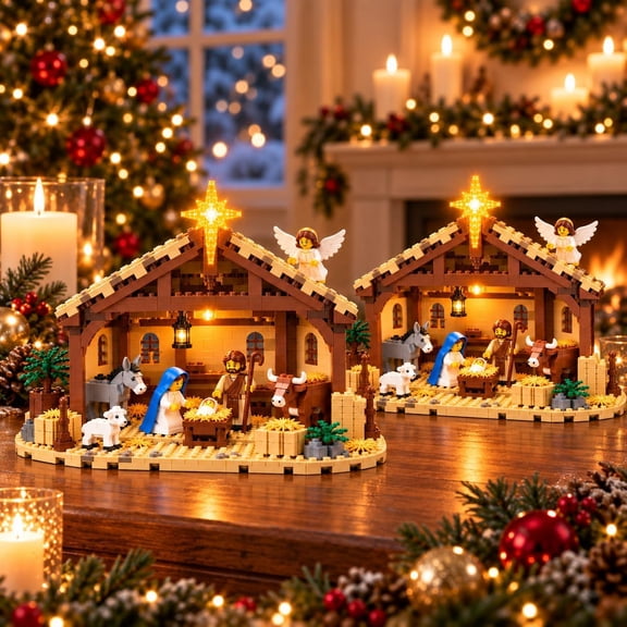 The Nativity Story Building Block Set,2set | Lighted Christmas Nativity Scene Building Set with Bethlehem Star,Christian Christmas Decor, Family Building Activity