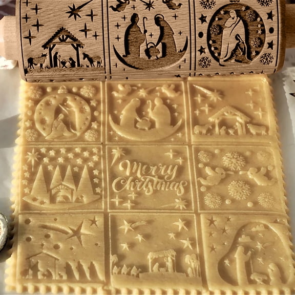 Nativity Theme Rolling Pin Carved Scene For Baking Decorative Display