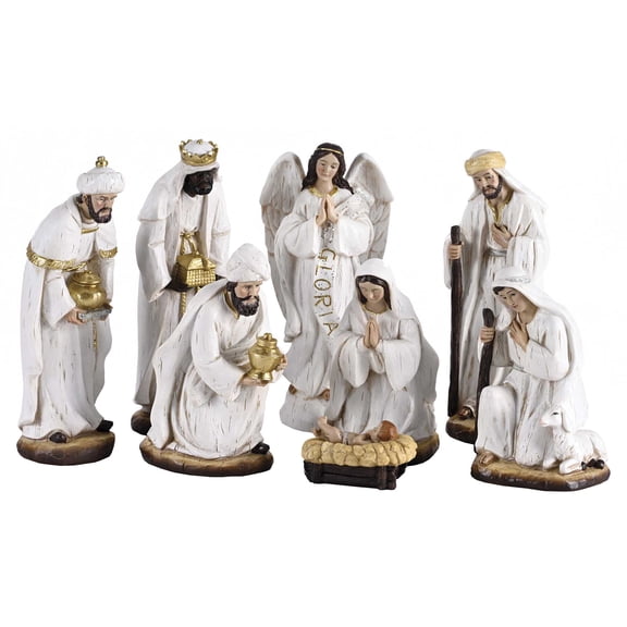 Dickson's 8-Piece Nativity Holy Family Angel Gloria - 8.25 x 3 Inch White Resin Collectible Tabletop Figurine