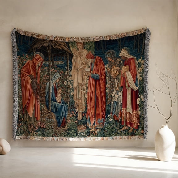 Nativity and Three Magi in Deep Blue, Red and Green Woven Blanket, 100% Cotton, Medieval Style Home Decor