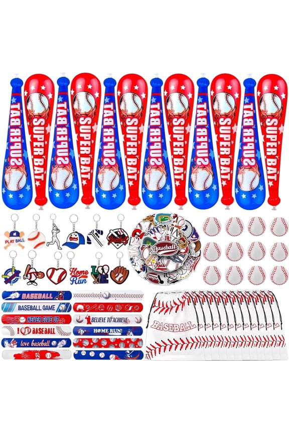 110 Pcs Baseball Party Favors Set Goodie Bags Inflatable Baseball Bat Foam Stress Balls Slap Bracelets Keychains Stickers for Baseball Themed Party Decorations and Birthday Celebrations