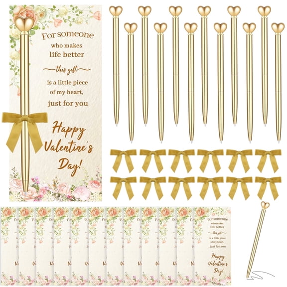 Natonhi 12 Pieces Valentine Heart Shaped Pens Black Ink Retractable Metal Decorative Cute Pens Heart Ballpoint for Valentines Party Favor Women Wedding Bridal Shower Gifts(Gold)