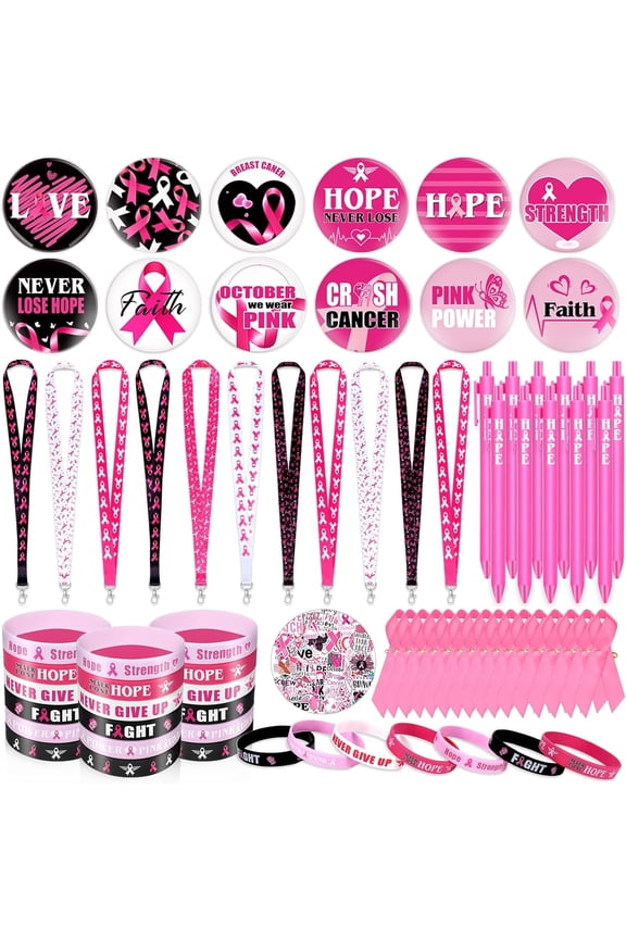 122pcs Breast Cancer Awareness Accessories Gifts Set Include Pink Ribbon Lanyard Breast Cancer Bracelets Pins Pink Ribbon Pins Badges Stickers for Women Charity Public Event Party Favors