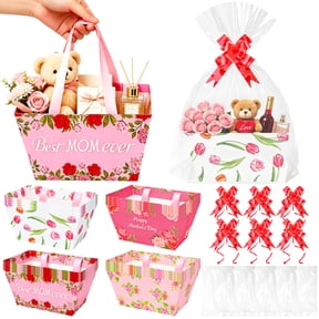 Natonhi 12pcs Happy Mothers Day Baskets for Gifts Empty with Cellophane Basket Bags Bows, Happy Mother's Day Market Tray Cardboard Basket to Fill for Best Mom I Love You Mom Birthday Party Decor