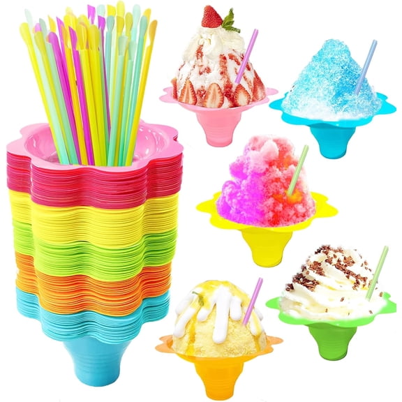 Natonhi 200pcs 4oz Colorful Snow Cone Cups with Spoon Straws,Flower Shaped Ice Cream Snacks Cup Reusable Plastic Bowls Easy Grip for Kids Birthday Summer Holiday Party