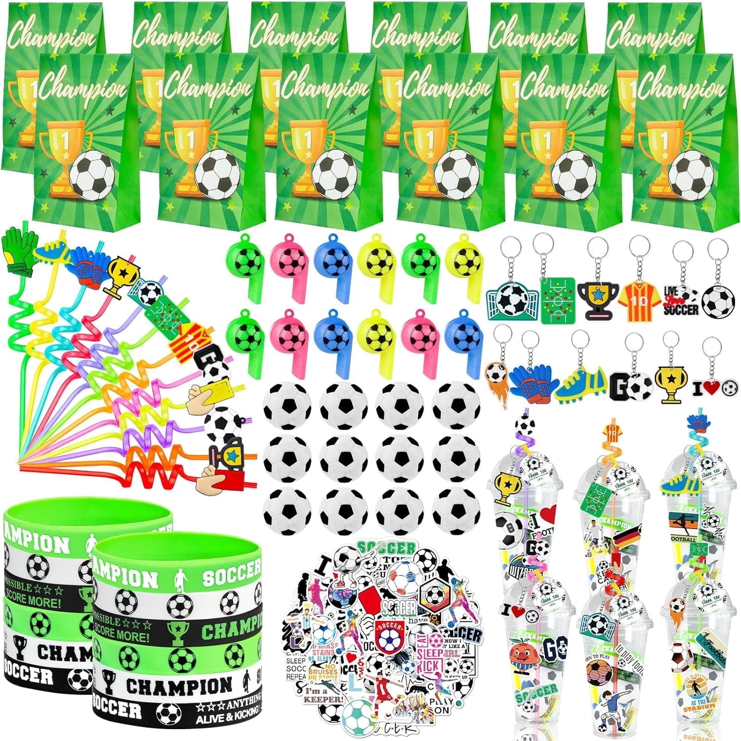 Natonhi 208pcs Soccer Party Favors Party Supplies Contains Soccer Goodie Bags Cups Straw Stickers Mini Soccer Silicone Bracelets Keychains Thank You Tags Ideal Soccer