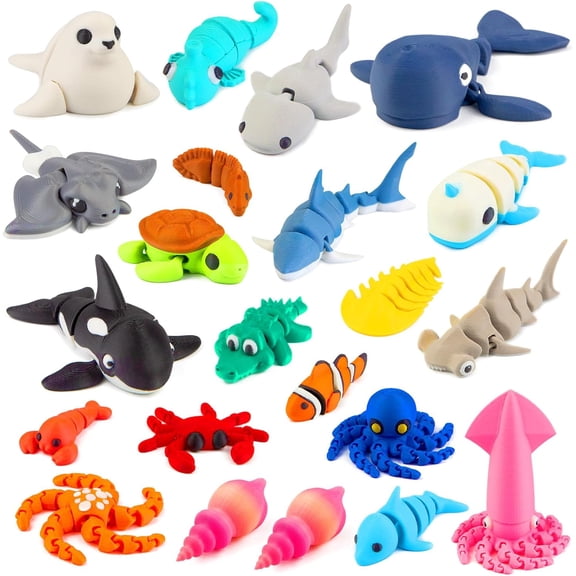 Natonhi 22pcs 3D Printed Sea Animals Toys, 3D Printed Ocean Animals Articulating Flexible Fidget Toys, Cute Animal Figurines Toys for Easter Birthday Party Favors Office Desktop Home Decoration