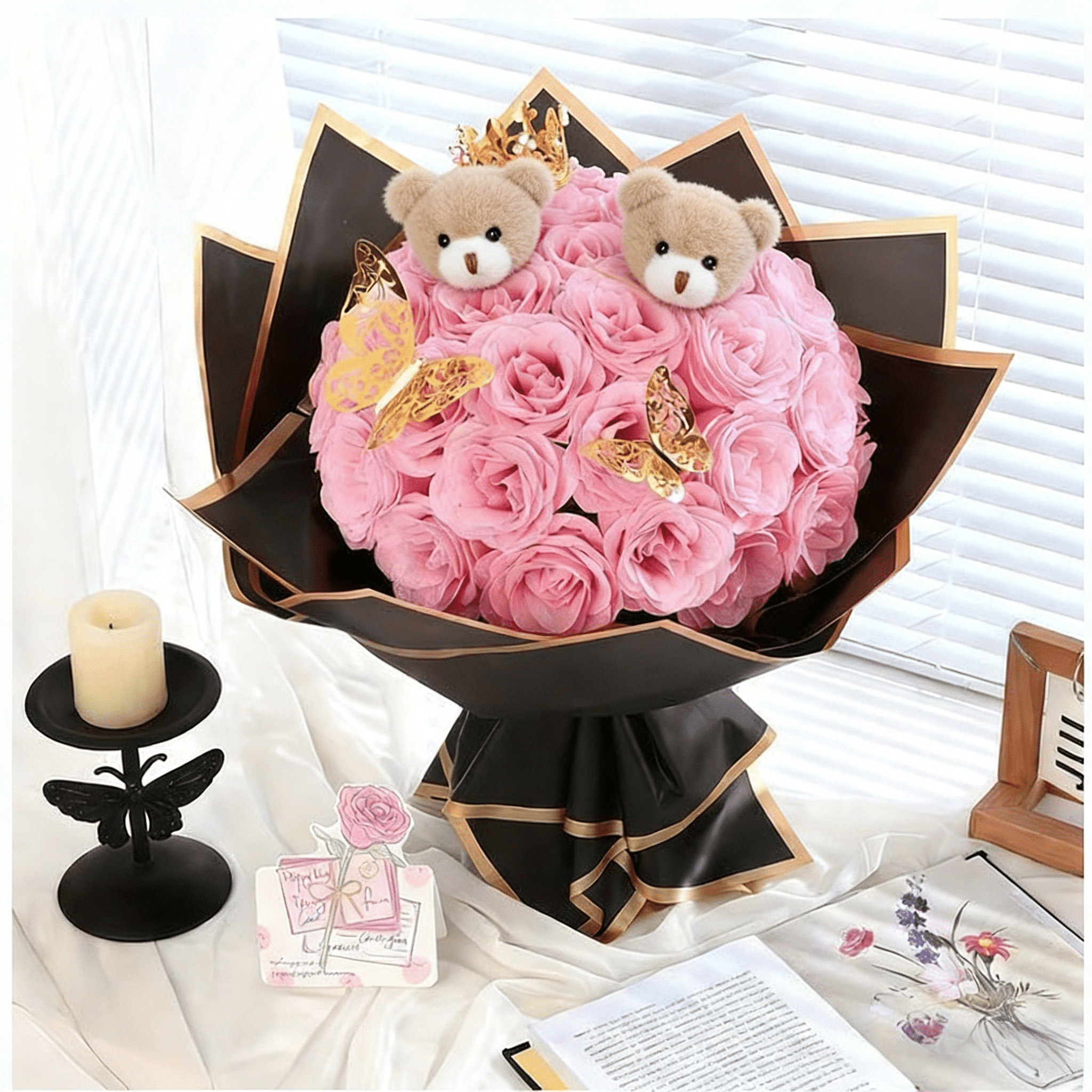 Natonhi 24 Glitter Valentine's Day Roses Bouquet Graduation Gifts Artificial Roses Flowers with Stems DIY Fake Glitter Flowers Bouquet for Anniversary Graduation Birthday Wedding(Pink)