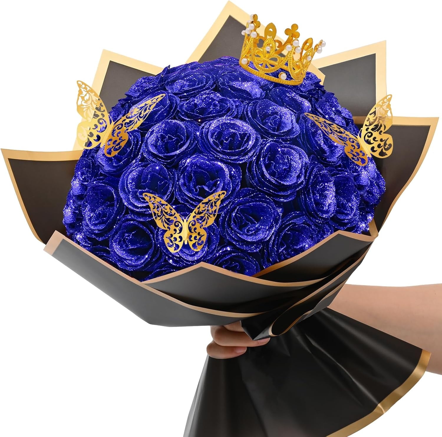 Natonhi 24 Glitter Valentine's Day Roses Bouquet Graduation Gifts Artificial Roses Flowers with Stems DIY Fake Glitter Flowers Bouquet for Anniversary Graduation Birthday Wedding(Blue)