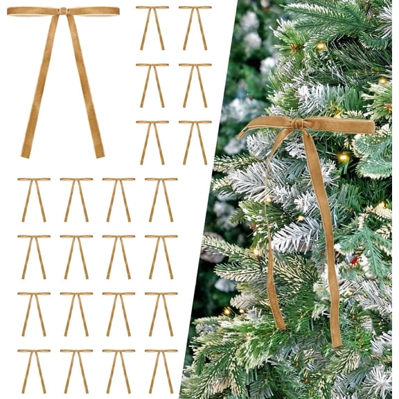 Natonhi 24 pcs Velvet Bows Christmas Tree Ornaments Vintage Ribbon Bows for Tree Garland Wreath(5 x 7 inch, Width of 3/8",Khaki)
