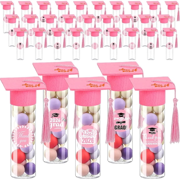 Natonhi 30 Sets 2026 Graduation Candy Tubes Graduation Party Candy Boxes Containers Grad Cap Jars with Tassels Stickers Clear Plastic Party Favors for Graduation Decorations(Pink)