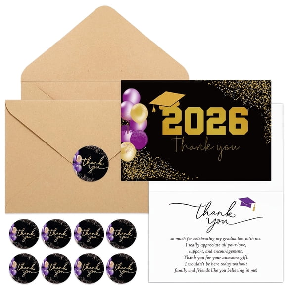 Natonhi 30 Sets Bulk Graduation Thank You Cards 2026 Graduation Card with Envelopes and Stickers College Prom Balloons Thank You Notes Greeting Card for Guest Family Teacher(Purple)